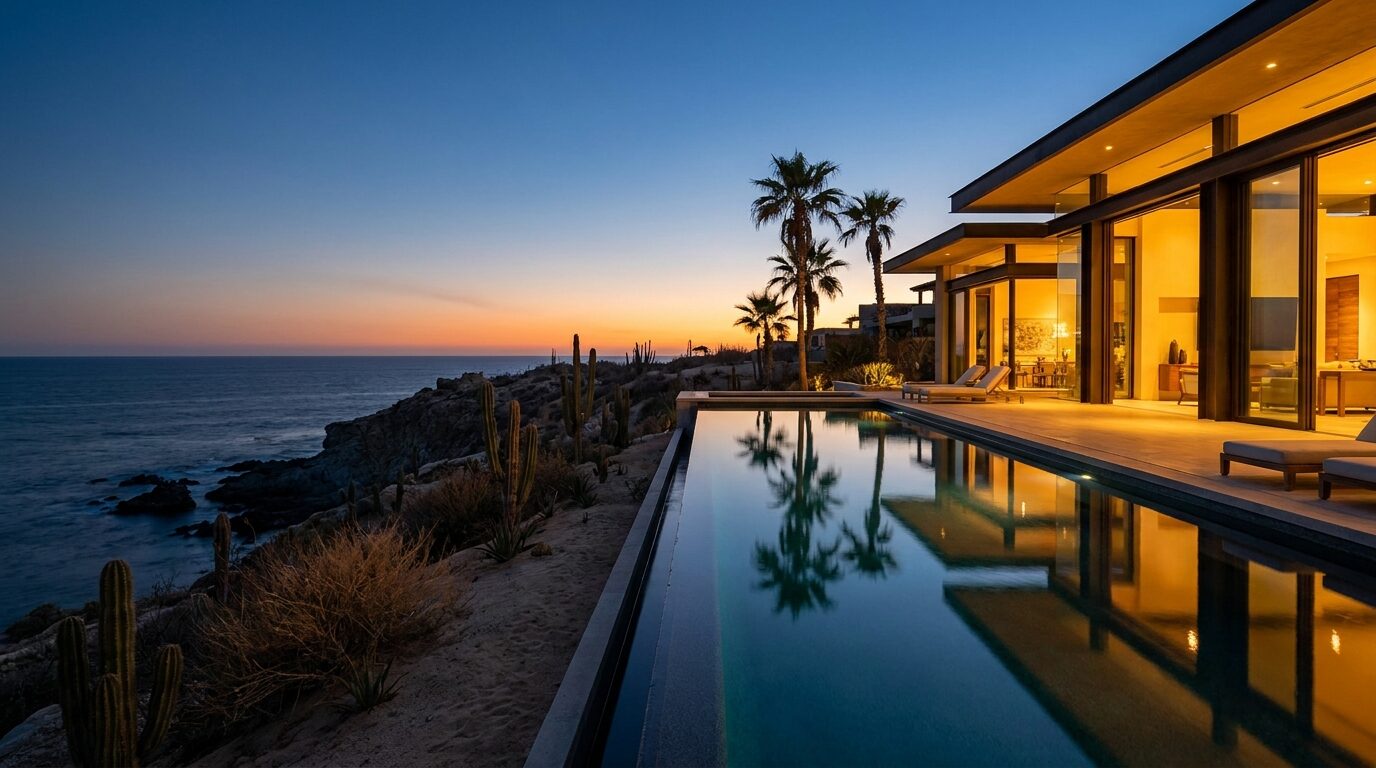 Oceanfront villa with infinity pool in Los Cabos at dusk